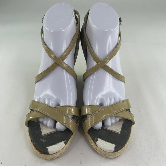 Burberry Nova Check Wedge Espadrilles US 8.5 Womens Beige Patent Strap Sandals - Picture 2 of 10